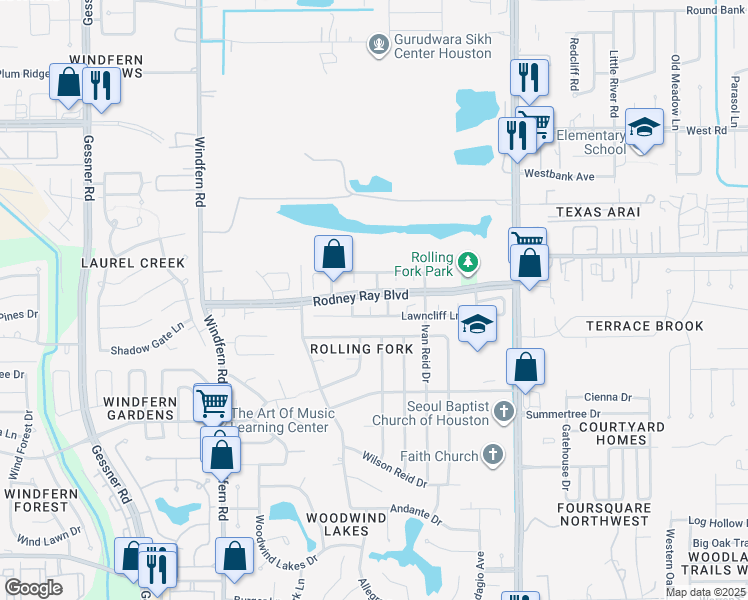 map of restaurants, bars, coffee shops, grocery stores, and more near 8415 Oldband Lane in Houston