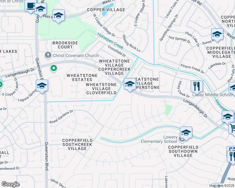 map of restaurants, bars, coffee shops, grocery stores, and more near 16255 Longenbaugh Drive in Houston