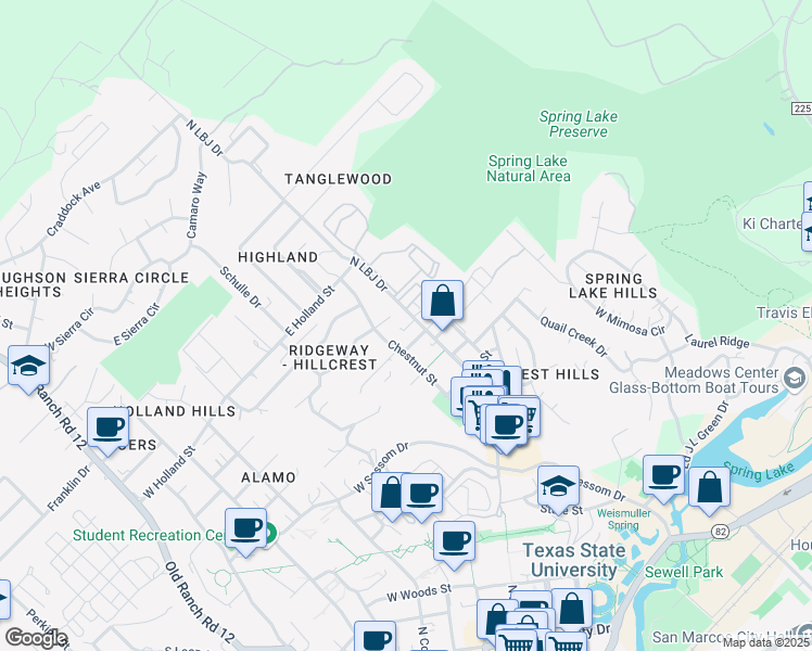 map of restaurants, bars, coffee shops, grocery stores, and more near 1220 Chestnut Street in San Marcos