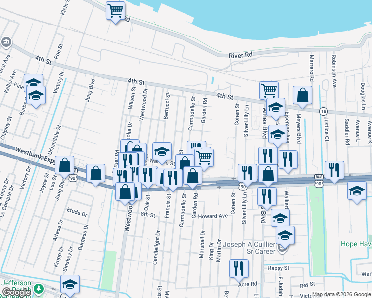 map of restaurants, bars, coffee shops, grocery stores, and more near 6613 8th Street in Marrero