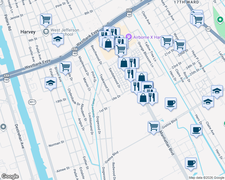 map of restaurants, bars, coffee shops, grocery stores, and more near 1140 Sandalwood Drive in Harvey
