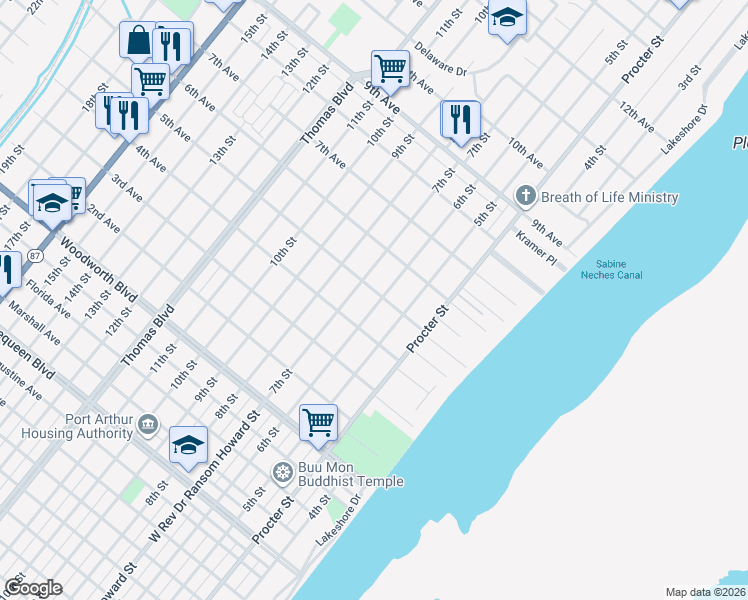 map of restaurants, bars, coffee shops, grocery stores, and more near 601 5th Avenue in Port Arthur