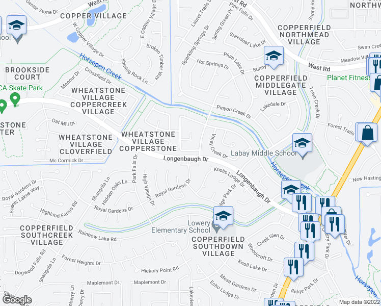 map of restaurants, bars, coffee shops, grocery stores, and more near 16015 Autumn Falls Lane in Houston