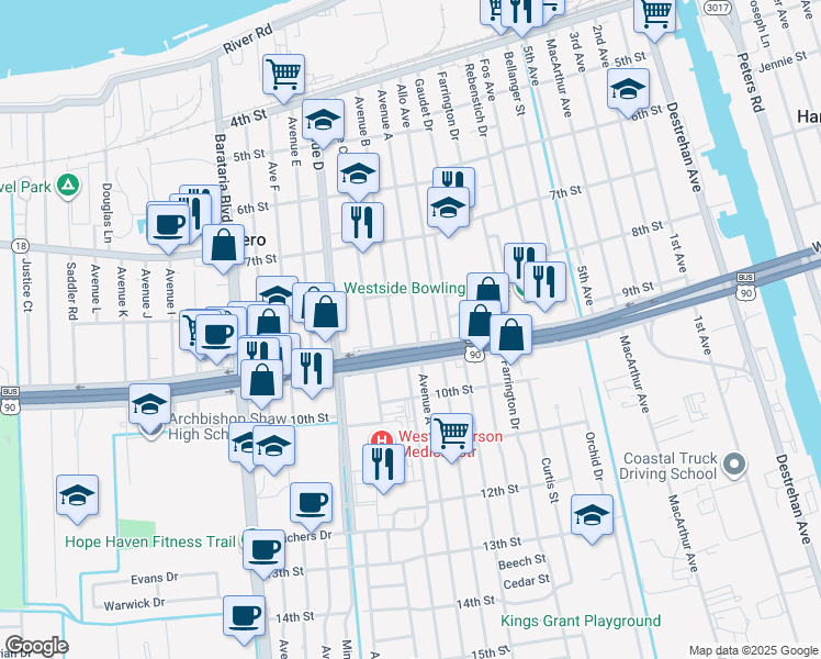 map of restaurants, bars, coffee shops, grocery stores, and more near 826 Avenue A in Marrero