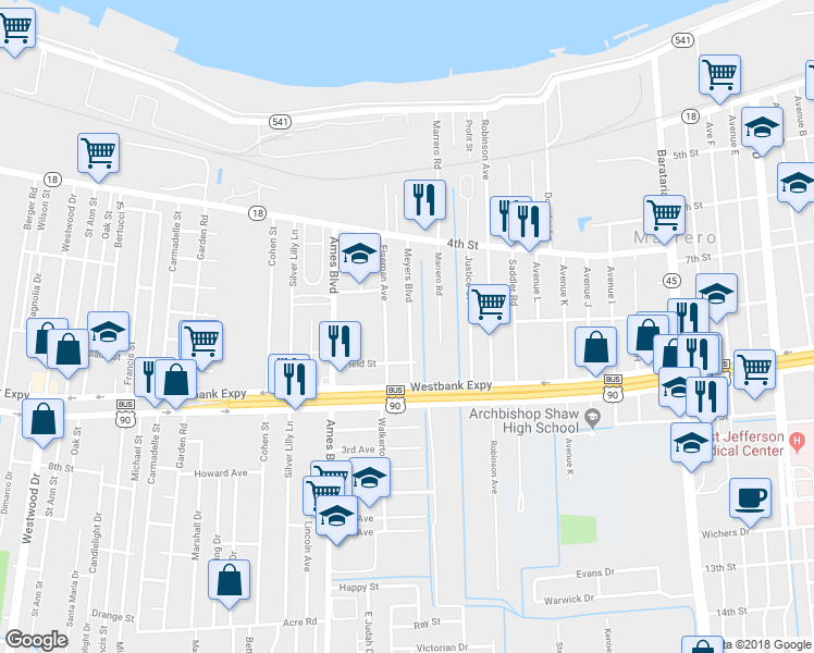 map of restaurants, bars, coffee shops, grocery stores, and more near 540 Meyers Boulevard in Marrero