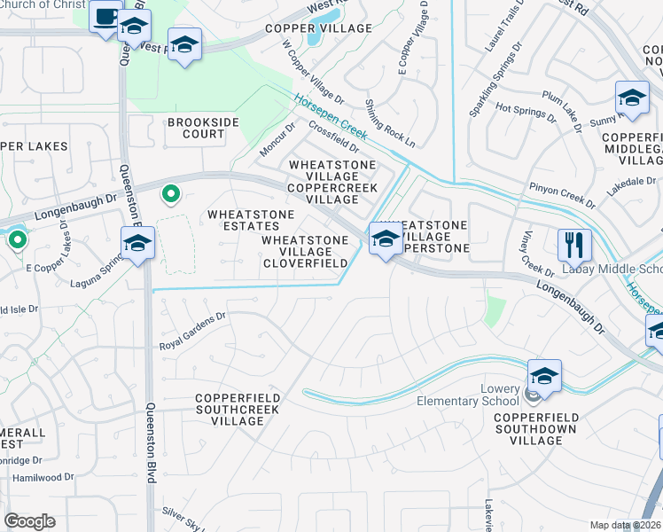 map of restaurants, bars, coffee shops, grocery stores, and more near 16310 Leamington Lane in Houston