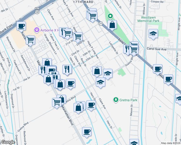 map of restaurants, bars, coffee shops, grocery stores, and more near 2612 Rose Drive in Gretna