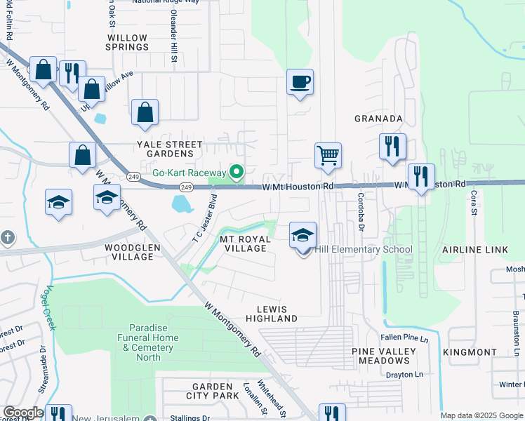 map of restaurants, bars, coffee shops, grocery stores, and more near 2718 Royal Thistle Court in Houston