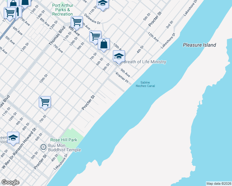 map of restaurants, bars, coffee shops, grocery stores, and more near 140 Avant Lane in Port Arthur