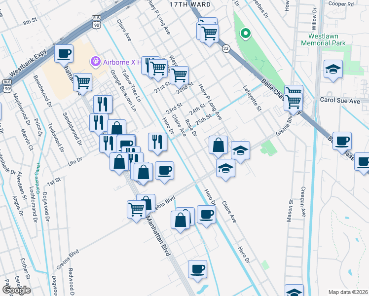 map of restaurants, bars, coffee shops, grocery stores, and more near 2521 Hero Drive in Gretna