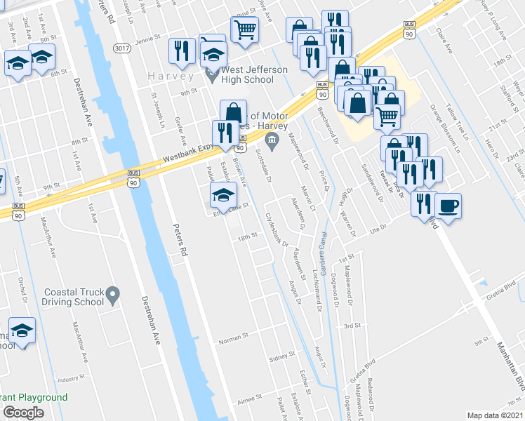 map of restaurants, bars, coffee shops, grocery stores, and more near 1108 Clydesbank Drive in Harvey