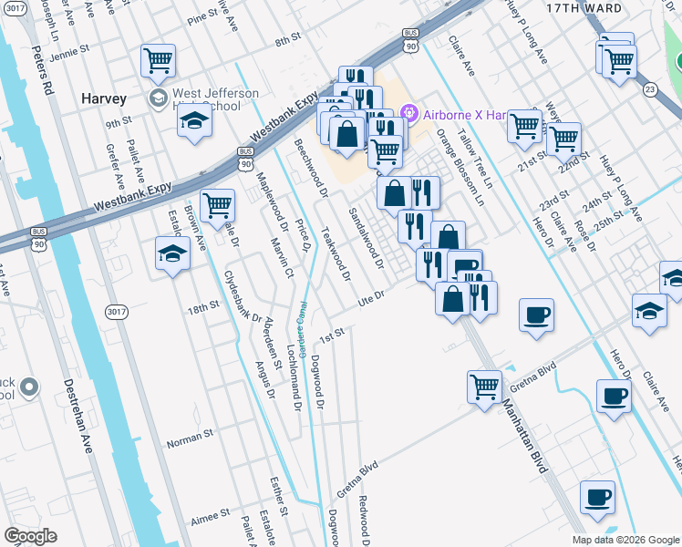 map of restaurants, bars, coffee shops, grocery stores, and more near 1120 Teakwood Drive in Harvey
