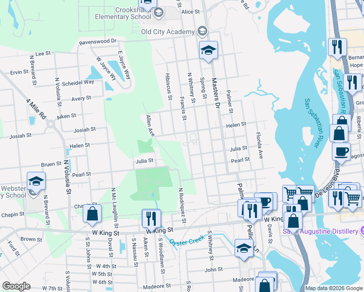 map of restaurants, bars, coffee shops, grocery stores, and more near 657 Francis Street in St. Augustine