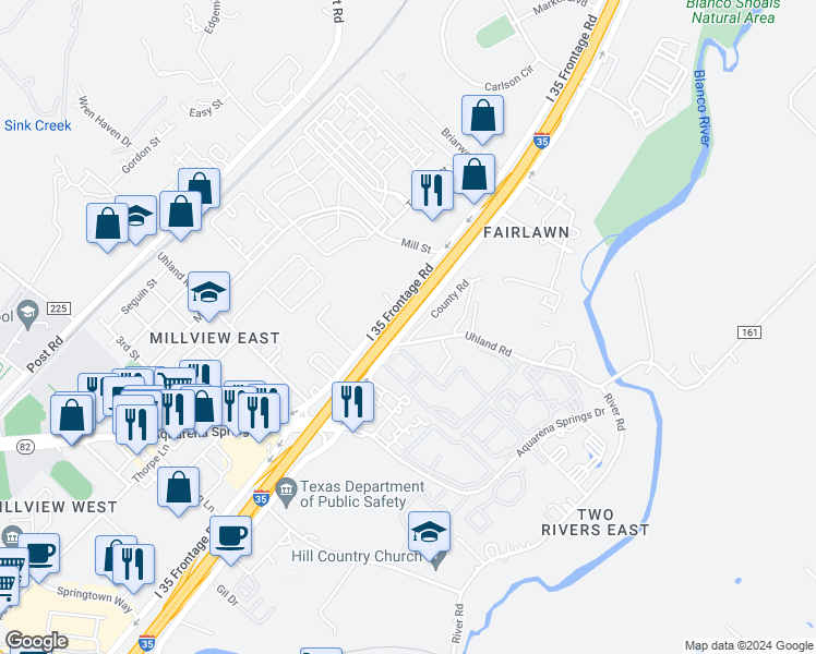 map of restaurants, bars, coffee shops, grocery stores, and more near 1701 North Interstate 35 in San Marcos