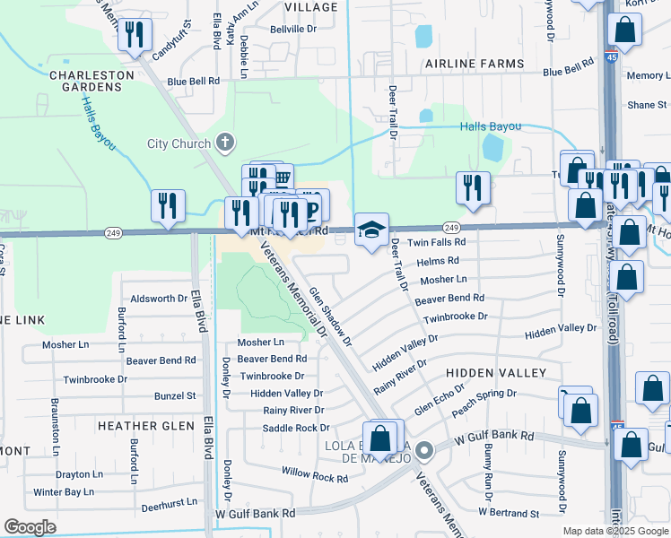 map of restaurants, bars, coffee shops, grocery stores, and more near 1310 Rim Rock Drive in Houston