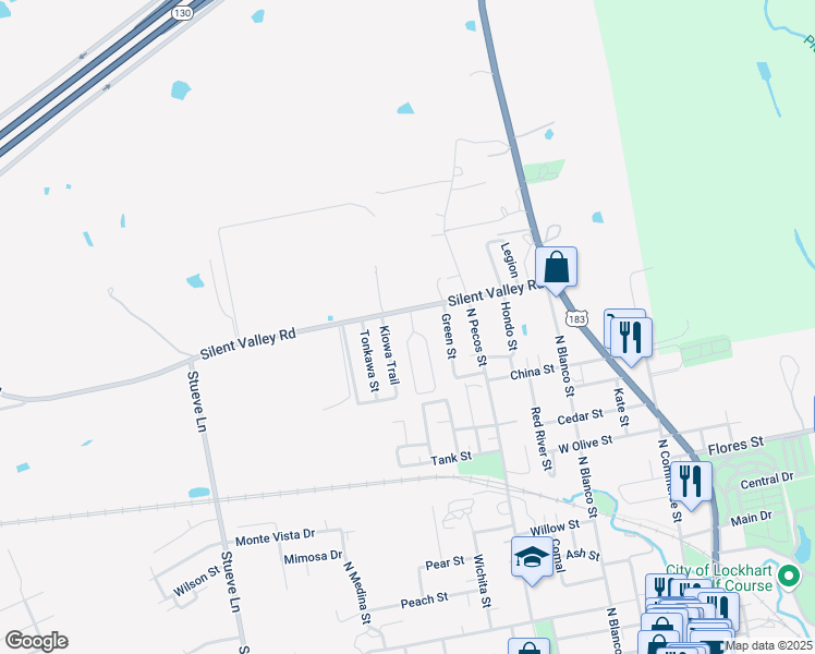 map of restaurants, bars, coffee shops, grocery stores, and more near 44 Silent Valley Road in Lockhart