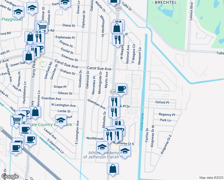 map of restaurants, bars, coffee shops, grocery stores, and more near 756 Behrman Highway in Gretna