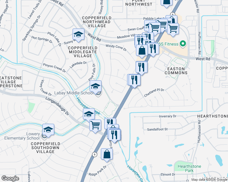 map of restaurants, bars, coffee shops, grocery stores, and more near 8123 Silent Cedars Drive in Houston
