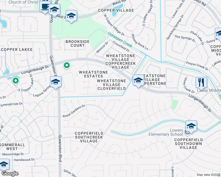 map of restaurants, bars, coffee shops, grocery stores, and more near 7614 Fieldstone Court in Houston