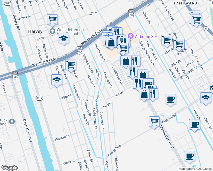 map of restaurants, bars, coffee shops, grocery stores, and more near 1120 Teakwood Drive in Harvey