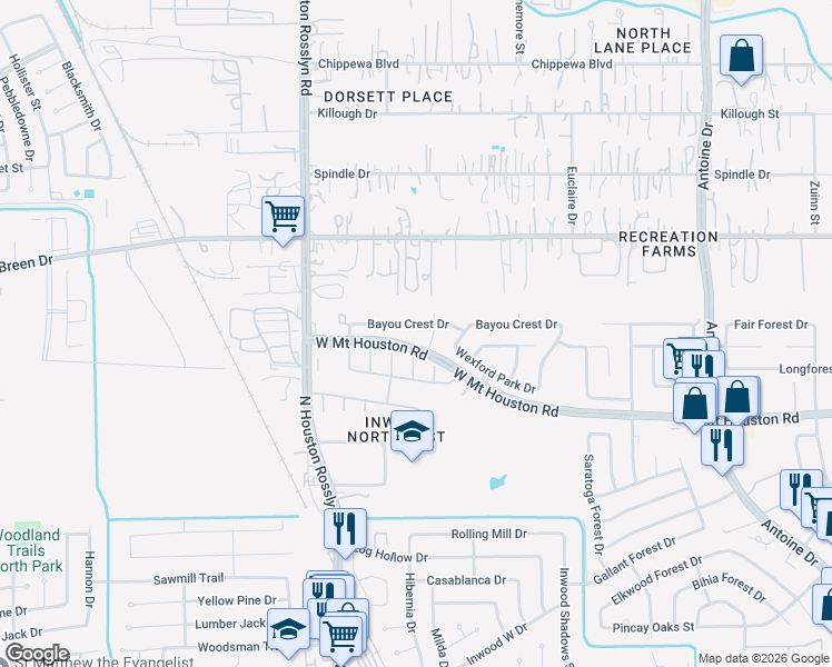 map of restaurants, bars, coffee shops, grocery stores, and more near 9010 Ruston Oaks Court in Houston