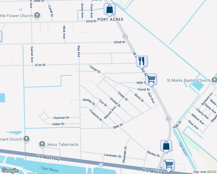 map of restaurants, bars, coffee shops, grocery stores, and more near 2232 Cedar Street in Port Arthur