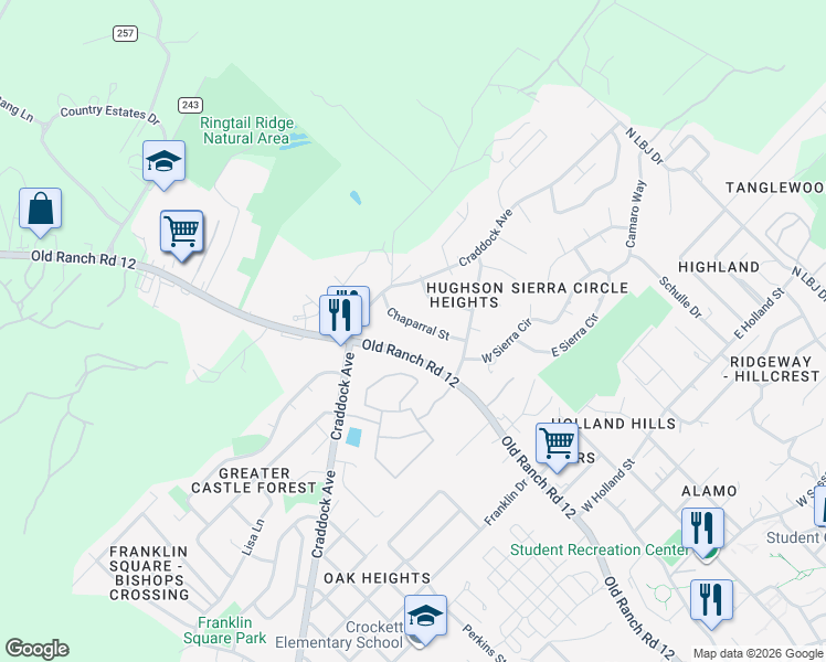 map of restaurants, bars, coffee shops, grocery stores, and more near 129 Chaparral Street in San Marcos
