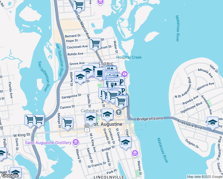 map of restaurants, bars, coffee shops, grocery stores, and more near 42 Saint George Street in St. Augustine