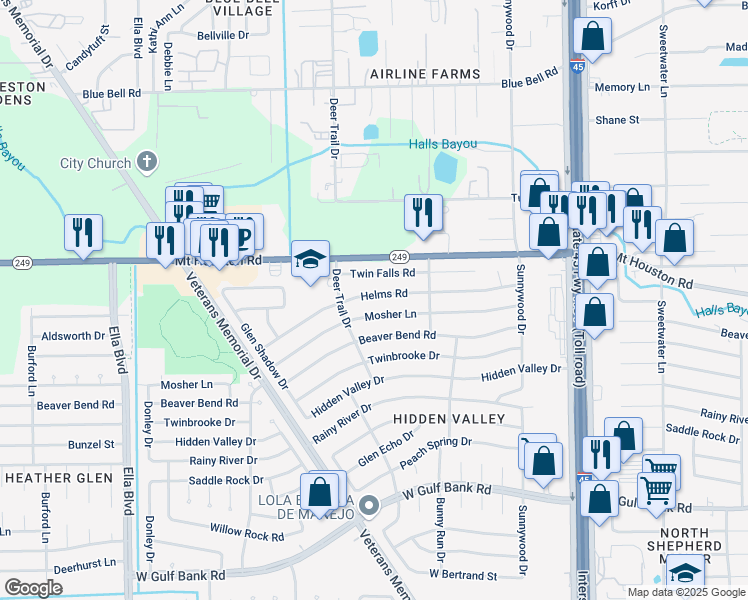 map of restaurants, bars, coffee shops, grocery stores, and more near 1127 Helms Road in Houston