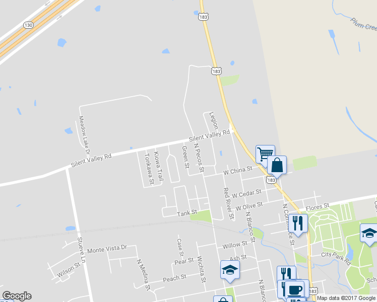 map of restaurants, bars, coffee shops, grocery stores, and more near 1316 Green Street in Lockhart