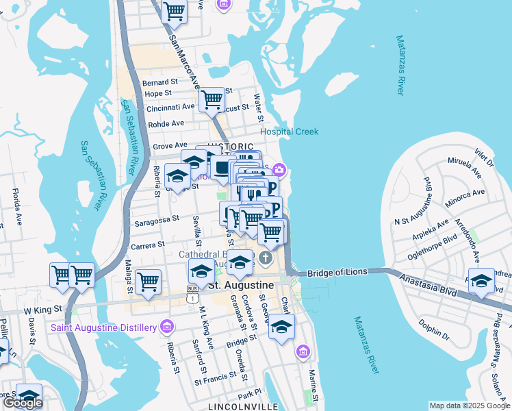 map of restaurants, bars, coffee shops, grocery stores, and more near 39 Saint George Street in St. Augustine