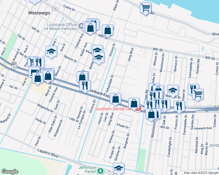 map of restaurants, bars, coffee shops, grocery stores, and more near 807 Urbandale Street in Marrero