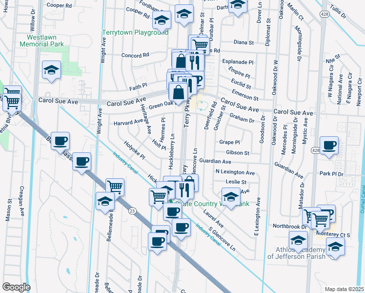 map of restaurants, bars, coffee shops, grocery stores, and more near 783 Terry Parkway in Terrytown