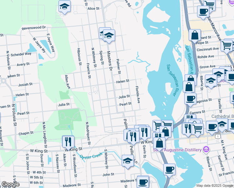 map of restaurants, bars, coffee shops, grocery stores, and more near 32 Masters Drive in St. Augustine