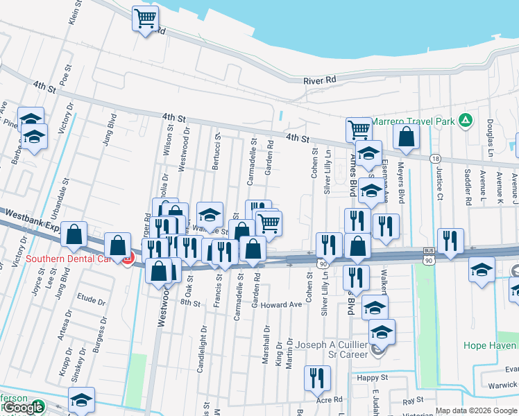 map of restaurants, bars, coffee shops, grocery stores, and more near 6613 8th Street in Marrero