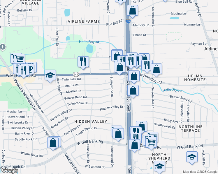 map of restaurants, bars, coffee shops, grocery stores, and more near 802 Mosher Lane in Houston