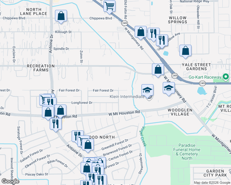 map of restaurants, bars, coffee shops, grocery stores, and more near 5523 Fair Forest Drive in Houston