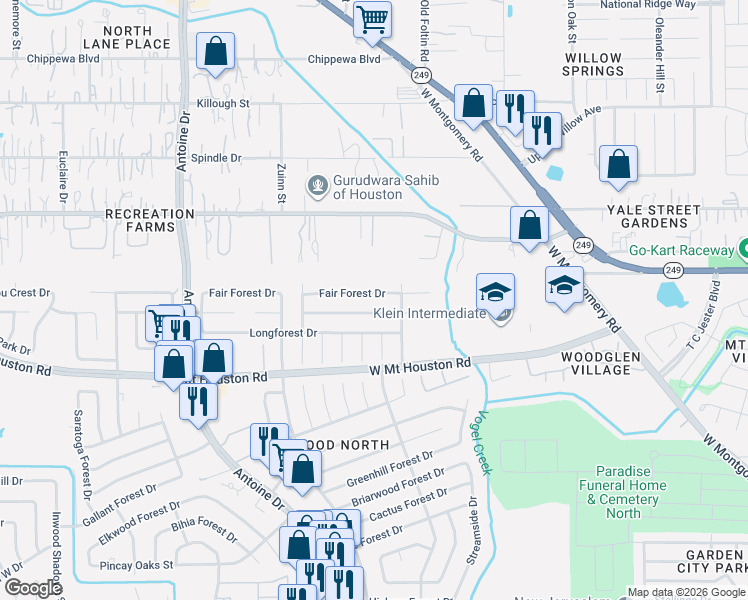 map of restaurants, bars, coffee shops, grocery stores, and more near 5523 Fair Forest Drive in Houston