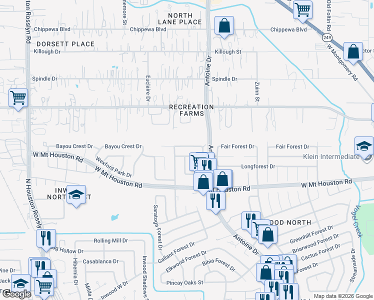 map of restaurants, bars, coffee shops, grocery stores, and more near 6115 Downwood Forest Drive in Houston