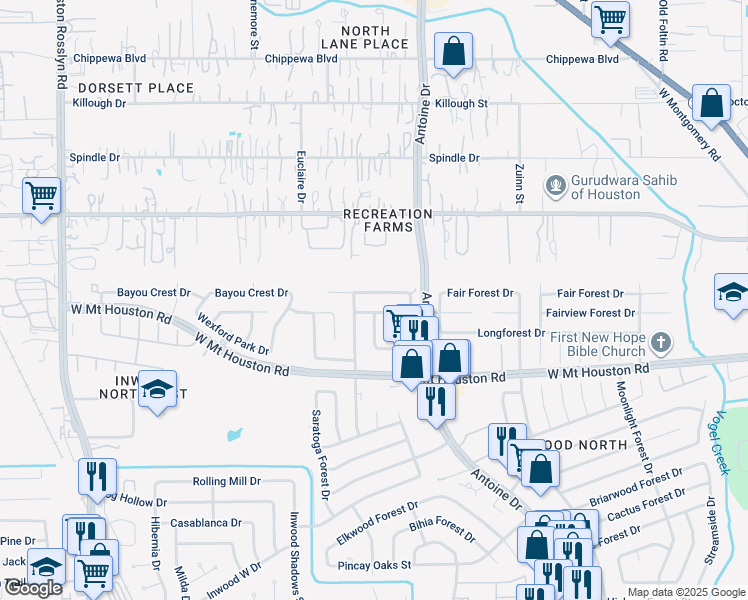 map of restaurants, bars, coffee shops, grocery stores, and more near 6115 Downwood Forest Drive in Houston