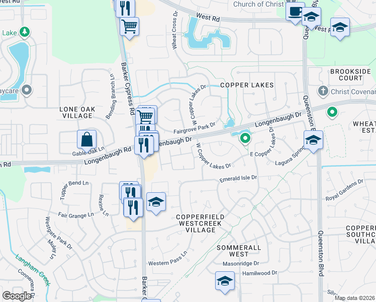 map of restaurants, bars, coffee shops, grocery stores, and more near 8118 Cranbrook Hollow Lane in Houston