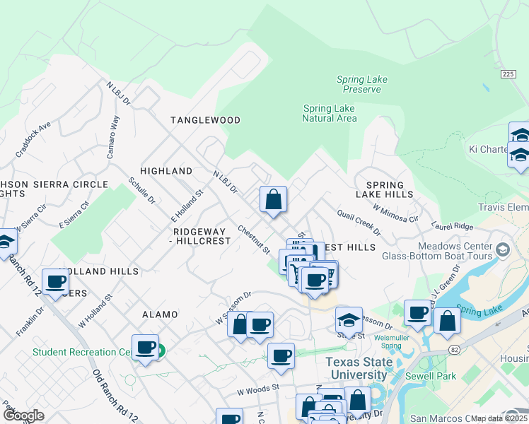 map of restaurants, bars, coffee shops, grocery stores, and more near 1204 North LBJ Drive in San Marcos