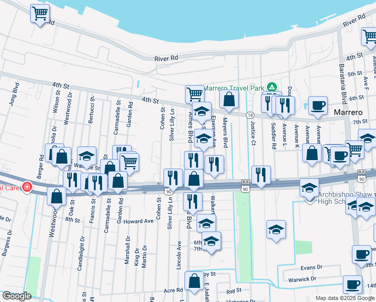 map of restaurants, bars, coffee shops, grocery stores, and more near 542 Ames Boulevard in Marrero