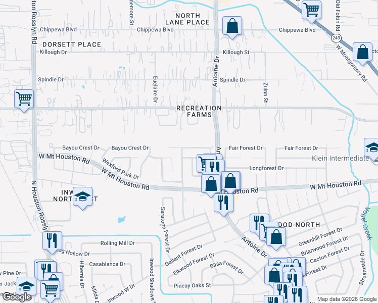 map of restaurants, bars, coffee shops, grocery stores, and more near 6115 Downwood Forest Drive in Houston