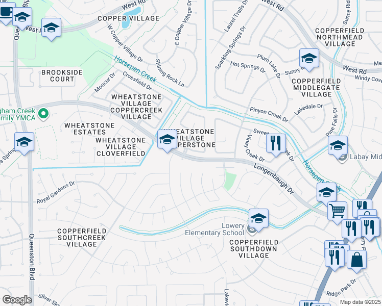 map of restaurants, bars, coffee shops, grocery stores, and more near 16127 Kintyre Point Road in Houston