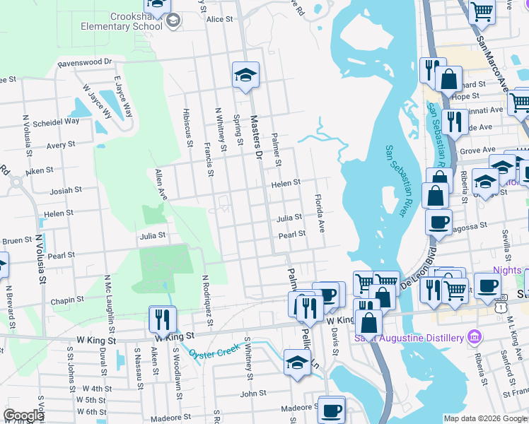 map of restaurants, bars, coffee shops, grocery stores, and more near 32 Masters Drive in St. Augustine