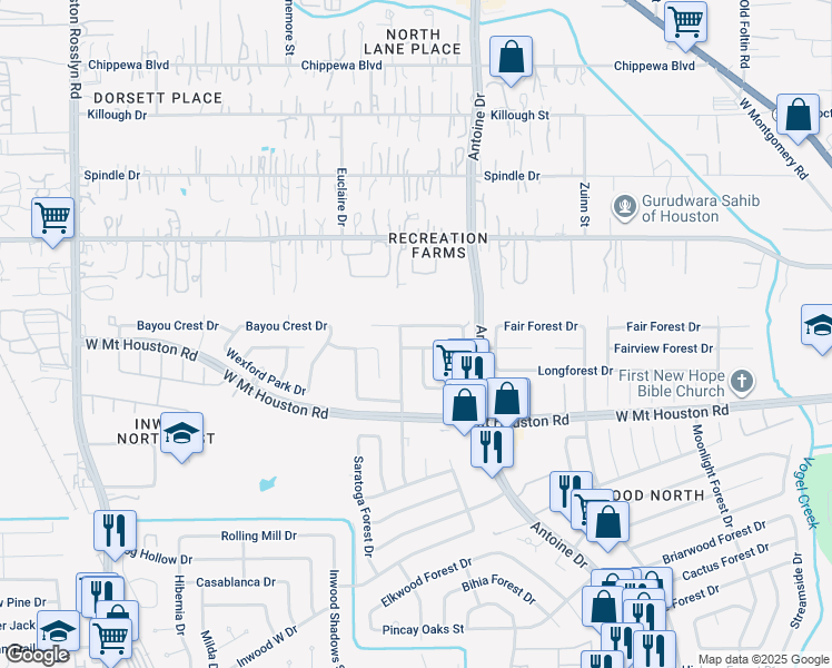 map of restaurants, bars, coffee shops, grocery stores, and more near 6115 Downwood Forest Drive in Houston
