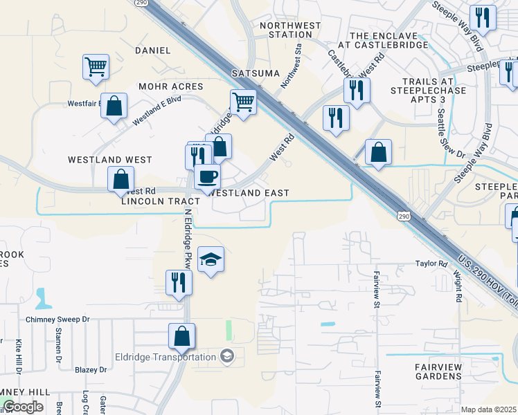 map of restaurants, bars, coffee shops, grocery stores, and more near 13333 West Road in Houston