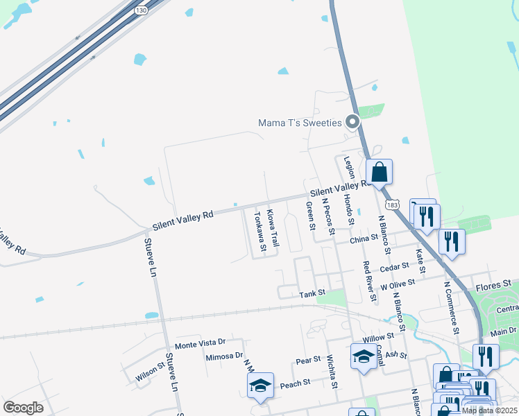 map of restaurants, bars, coffee shops, grocery stores, and more near 137 Tonkawa Street in Lockhart