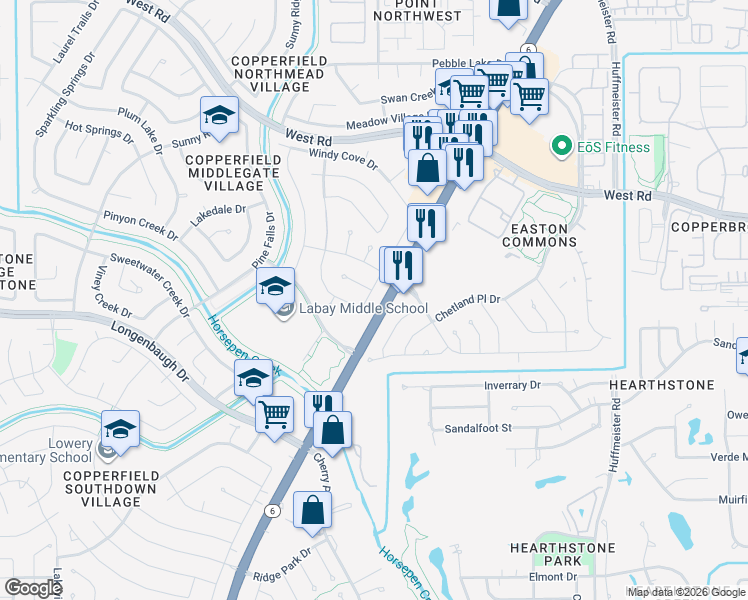 map of restaurants, bars, coffee shops, grocery stores, and more near 8114 Clover Gardens Drive in Houston
